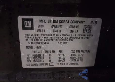 2015 Buick Encore Leather z USA, uszkodzony, nr VIN KL4CJCSB4FB261522